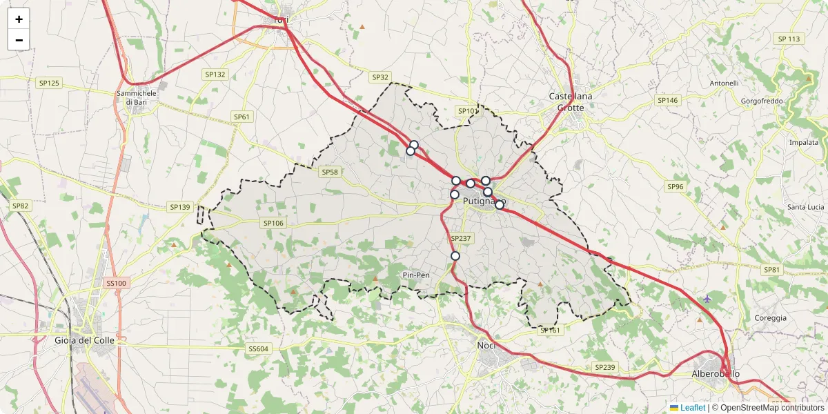 Mappa dettagliata del trasporto pubblico a Putignano con linee autobus, tram e collegamenti