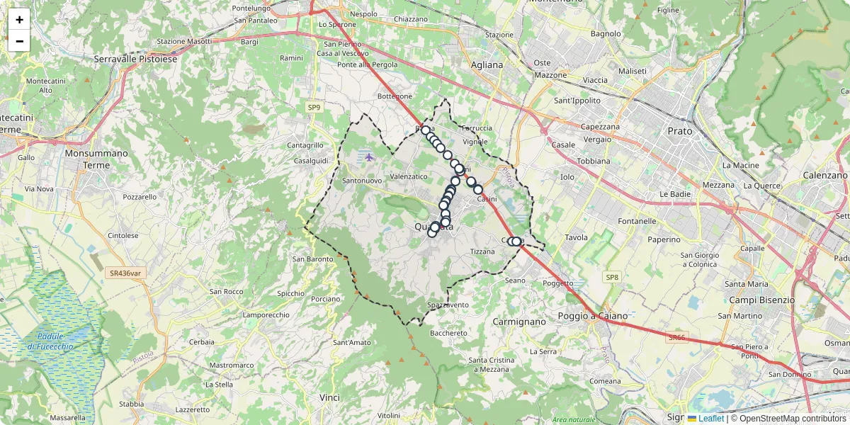 Mappa dettagliata del trasporto pubblico a Quarrata con linee autobus, tram e collegamenti