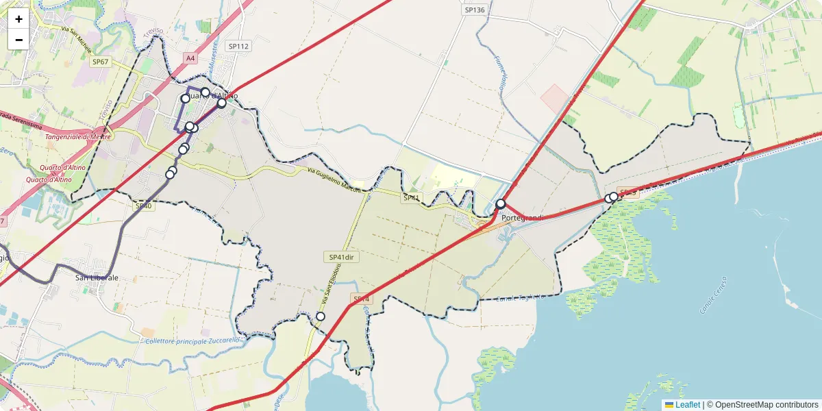 Mappa dettagliata del trasporto pubblico a Quarto d'Altino con linee autobus, tram e collegamenti