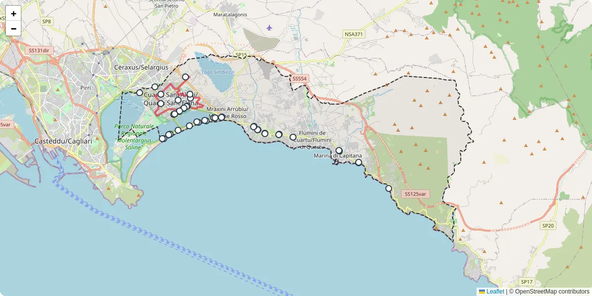 Mappa dettagliata del trasporto pubblico a Quartu Sant'Aleni/Quartu Sant'Elena con linee autobus, tram e collegamenti