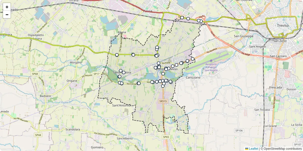 Mappa dettagliata del trasporto pubblico a Quinto di Treviso con linee autobus, tram e collegamenti