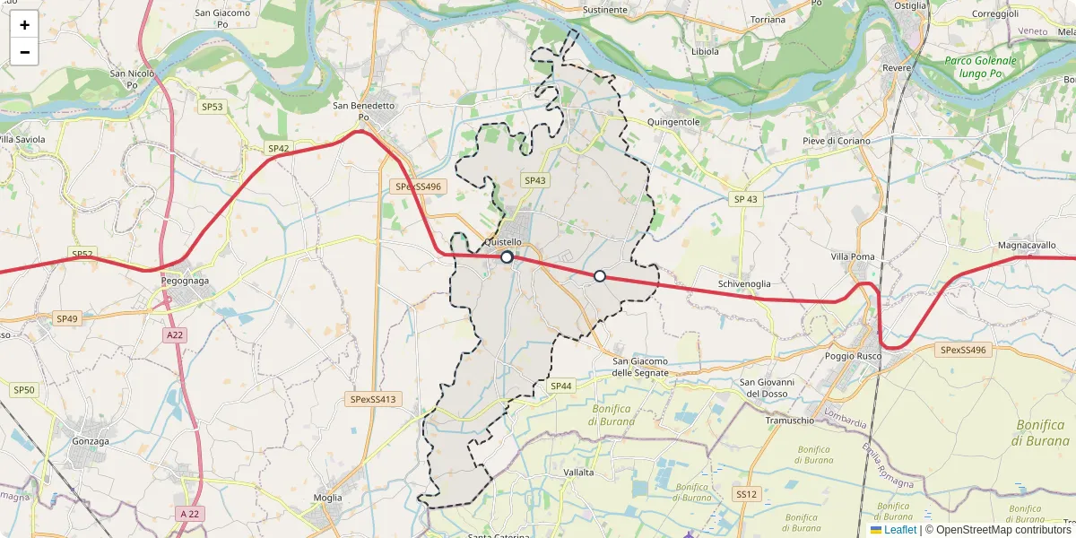 Mappa dettagliata del trasporto pubblico a Quistello con linee autobus, tram e collegamenti