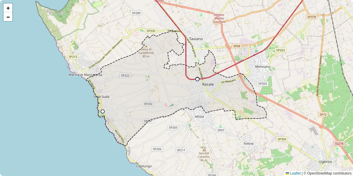 Mappa dettagliata del trasporto pubblico a Racale con linee autobus, tram e collegamenti