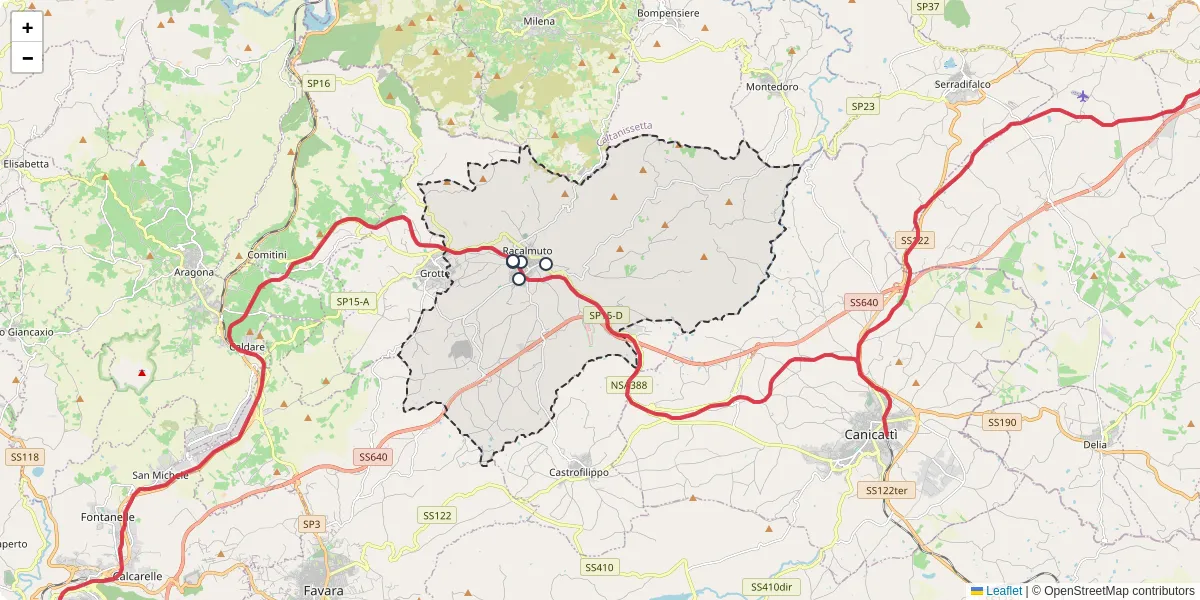 Mappa dettagliata del trasporto pubblico a Racalmuto con linee autobus, tram e collegamenti