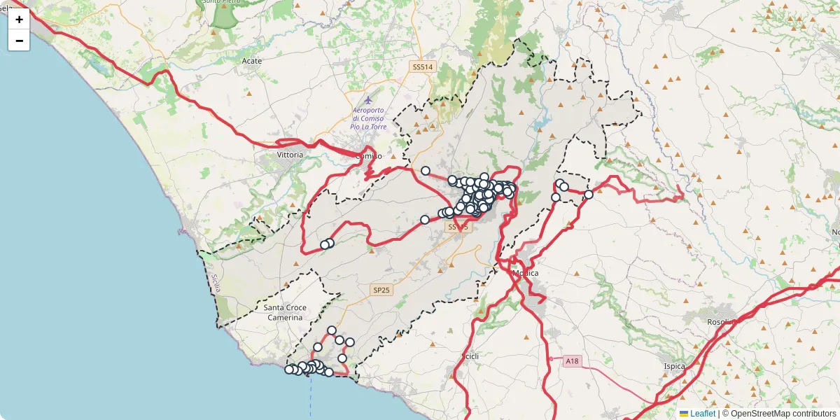 Mappa dettagliata del trasporto pubblico a Ragusa con linee autobus, tram e collegamenti