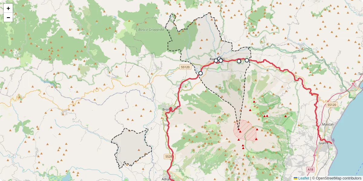 Mappa dettagliata del trasporto pubblico a Randazzo con linee autobus, tram e collegamenti