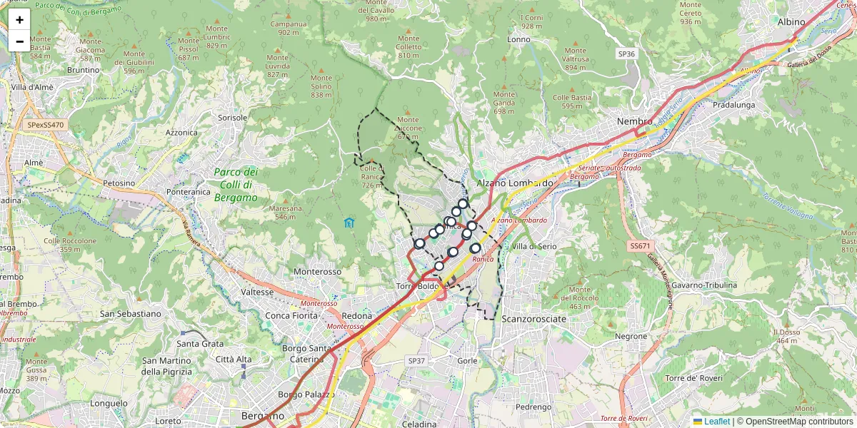 Mappa dettagliata del trasporto pubblico a Ranica con linee autobus, tram e collegamenti