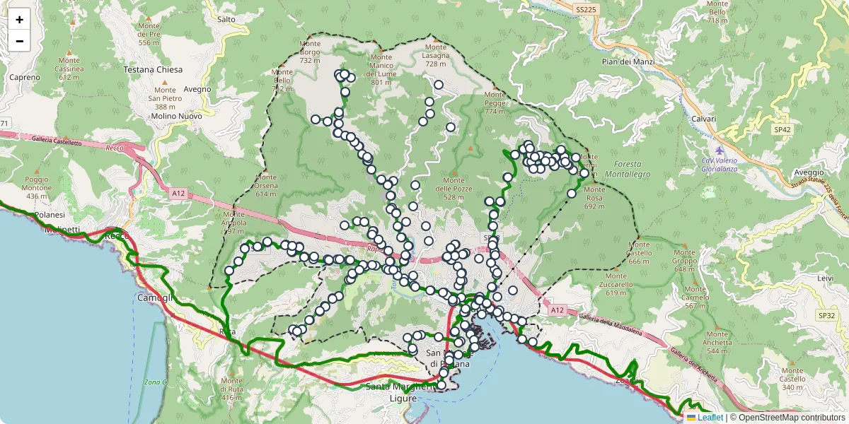 Mappa dettagliata del trasporto pubblico a Rapallo con linee autobus, tram e collegamenti