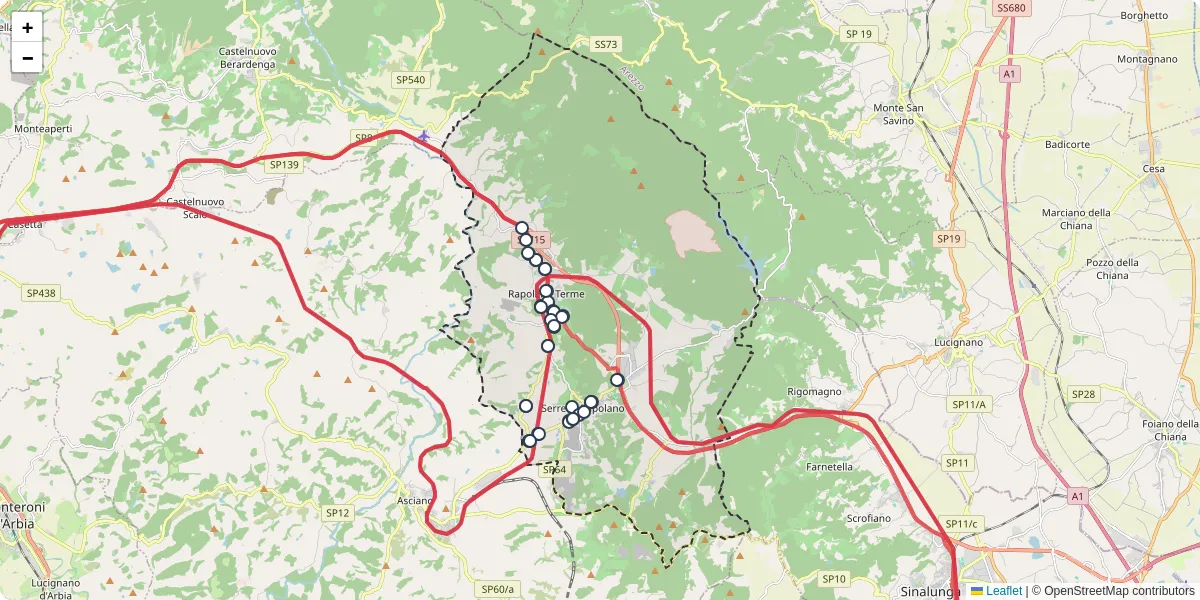 Mappa dettagliata del trasporto pubblico a Rapolano Terme con linee autobus, tram e collegamenti