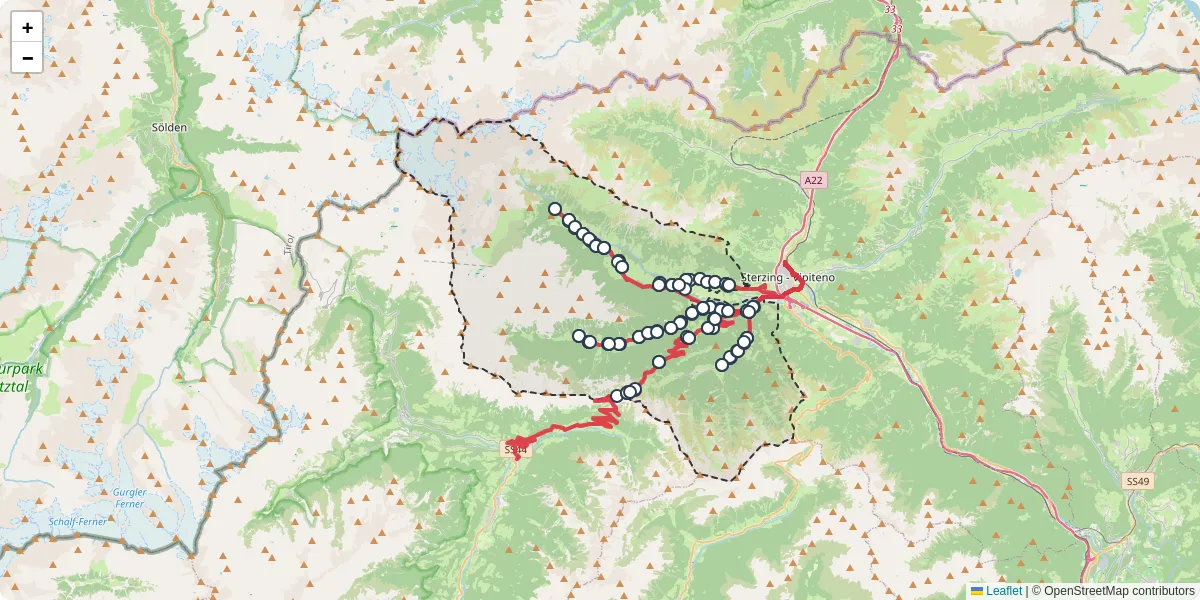 Mappa dettagliata del trasporto pubblico a Ratschings - Racines con linee autobus, tram e collegamenti