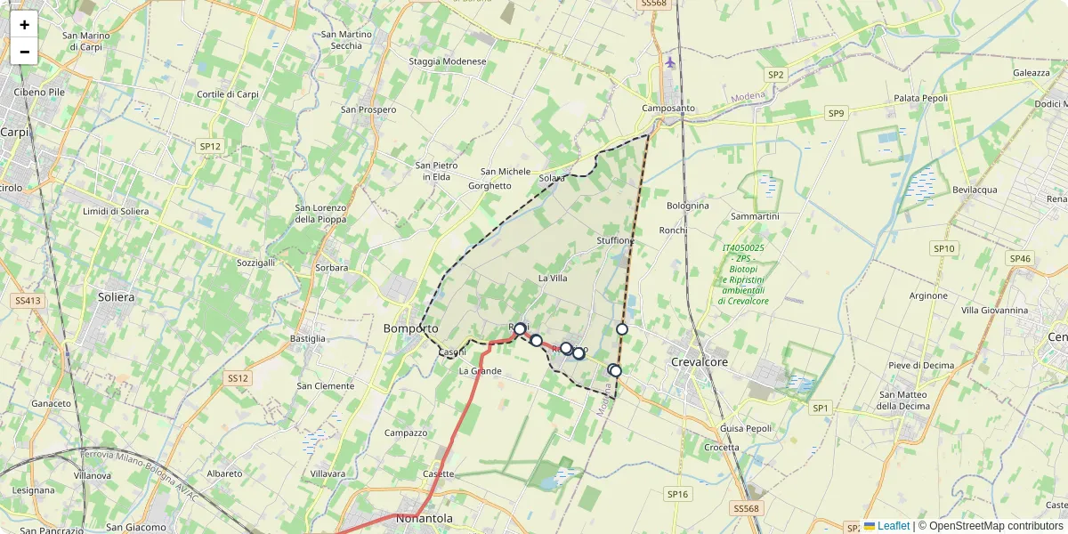 Mappa dettagliata del trasporto pubblico a Ravarino con linee autobus, tram e collegamenti
