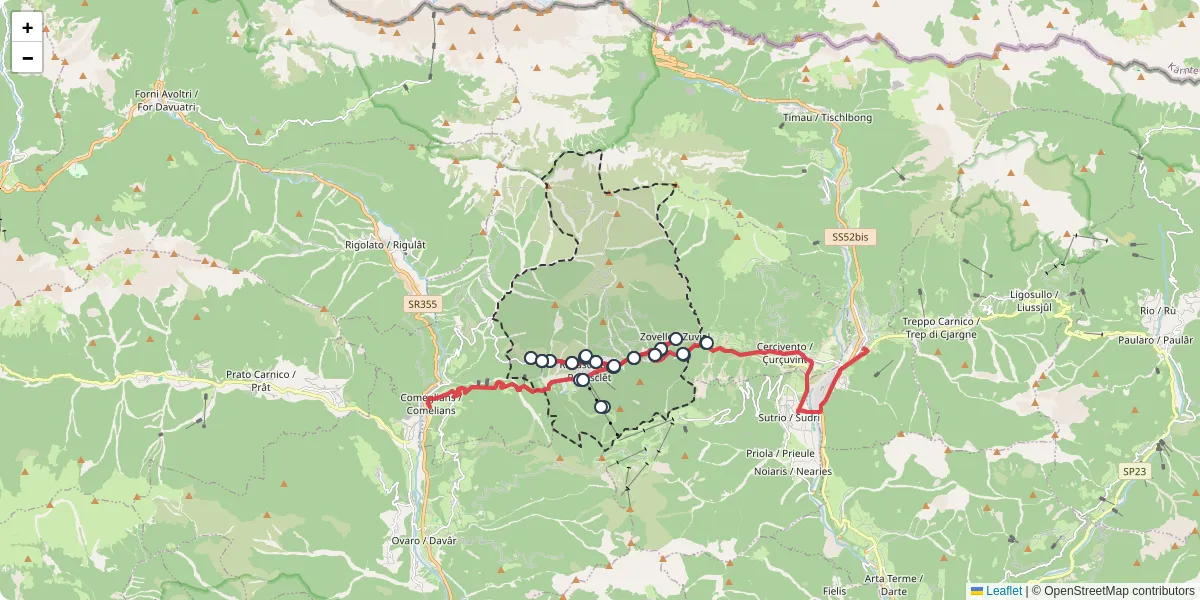 Mappa dettagliata del trasporto pubblico a Ravascletto / Ravasclêt con linee autobus, tram e collegamenti