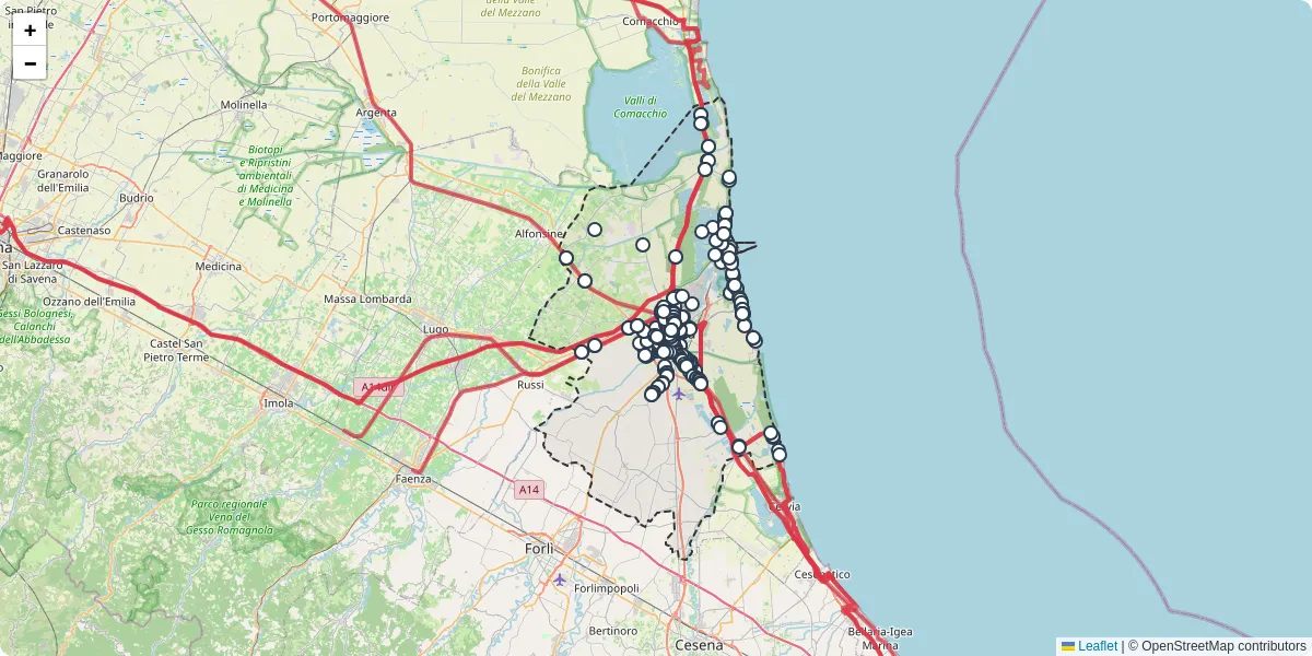 Mappa dettagliata del trasporto pubblico a Ravenna con linee autobus, tram e collegamenti