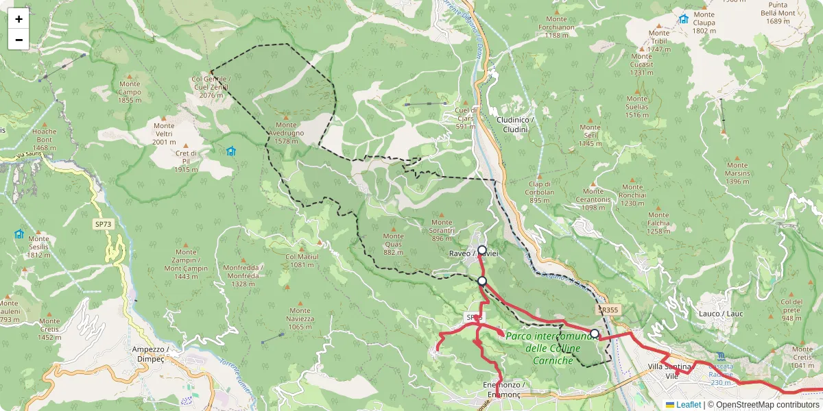 Mappa dettagliata del trasporto pubblico a Raveo / Raviei con linee autobus, tram e collegamenti