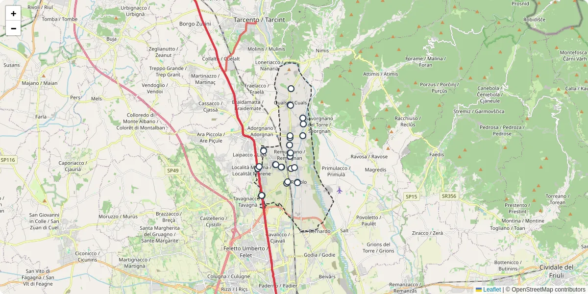 Mappa dettagliata del trasporto pubblico a Reana del Rojale / Reane dal Roiâl con linee autobus, tram e collegamenti