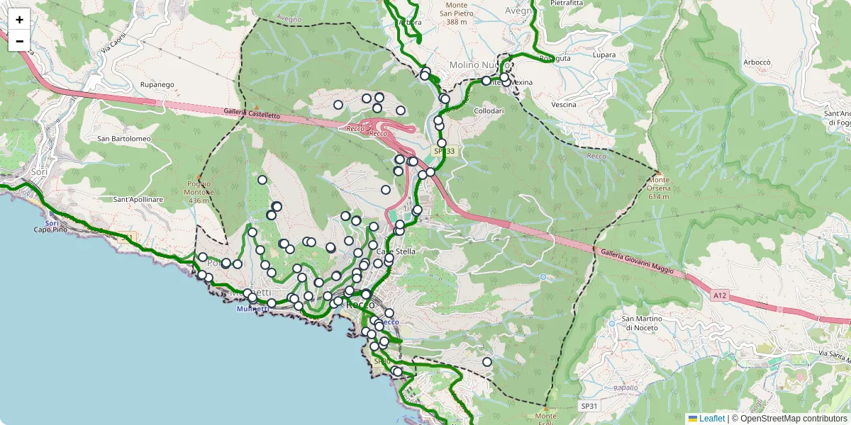 Mappa dettagliata del trasporto pubblico a Recco con linee autobus, tram e collegamenti