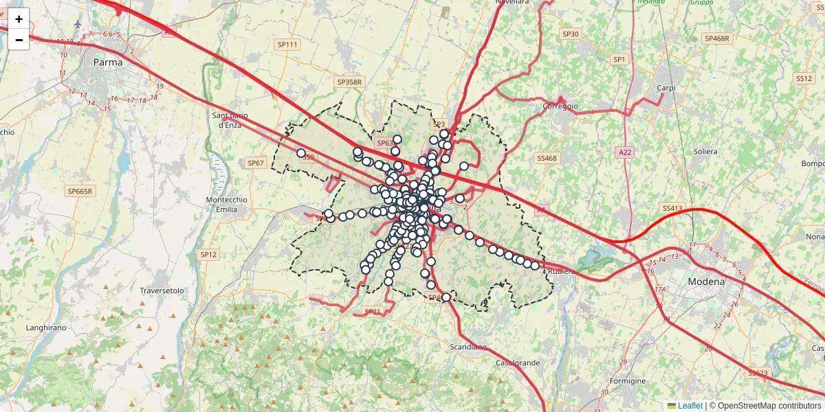 Mappa dettagliata del trasporto pubblico a Reggio Emilia con linee autobus, tram e collegamenti