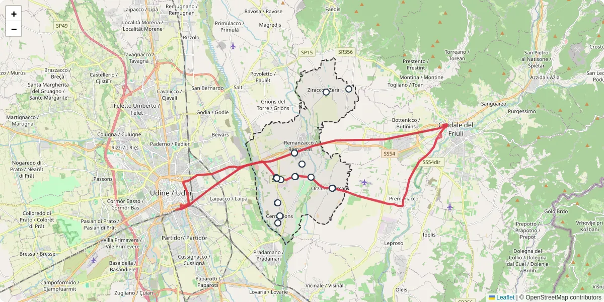 Mappa dettagliata del trasporto pubblico a Remanzacco / Remanzâs con linee autobus, tram e collegamenti