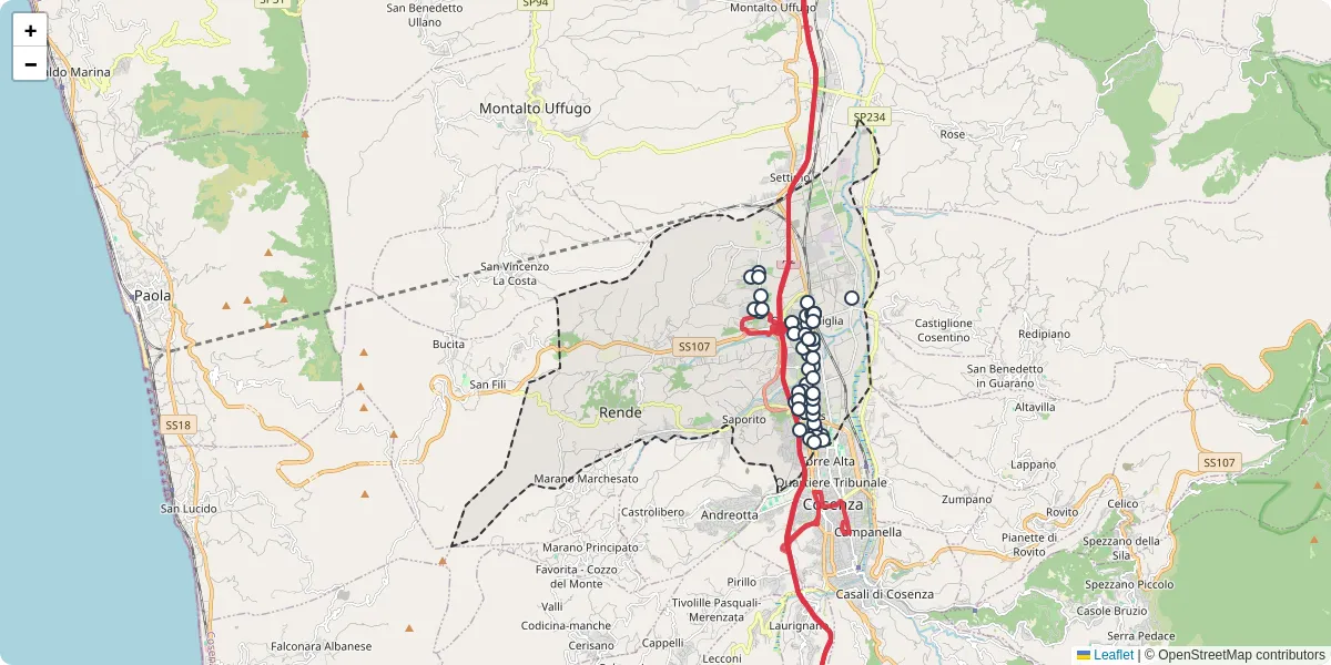 Mappa dettagliata del trasporto pubblico a Rende con linee autobus, tram e collegamenti