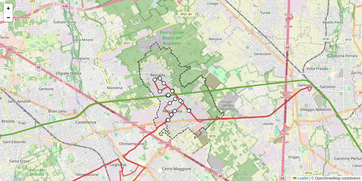 Mappa dettagliata del trasporto pubblico a Rescaldina con linee autobus, tram e collegamenti