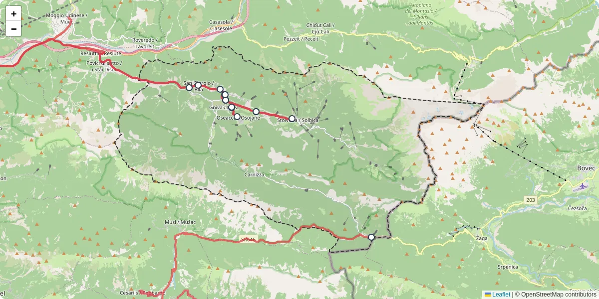 Mappa dettagliata del trasporto pubblico a Resia / Rezija con linee autobus, tram e collegamenti