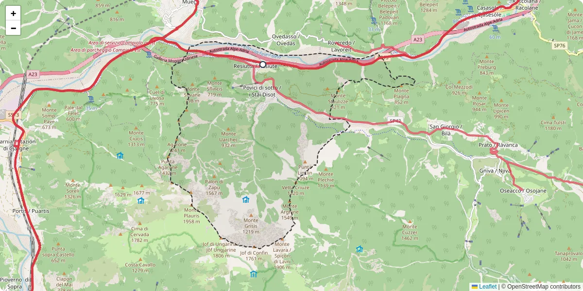 Mappa dettagliata del trasporto pubblico a Resiutta / Resiute con linee autobus, tram e collegamenti