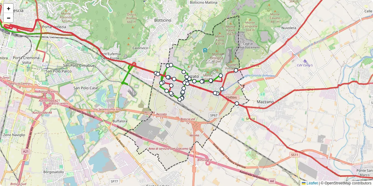 Mappa dettagliata del trasporto pubblico a Rezzato con linee autobus, tram e collegamenti