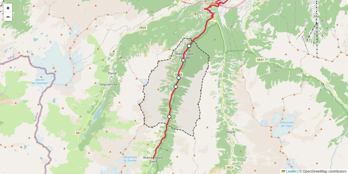 Mappa dettagliata del trasporto pubblico a Rhêmes-Saint-Georges con linee autobus, tram e collegamenti