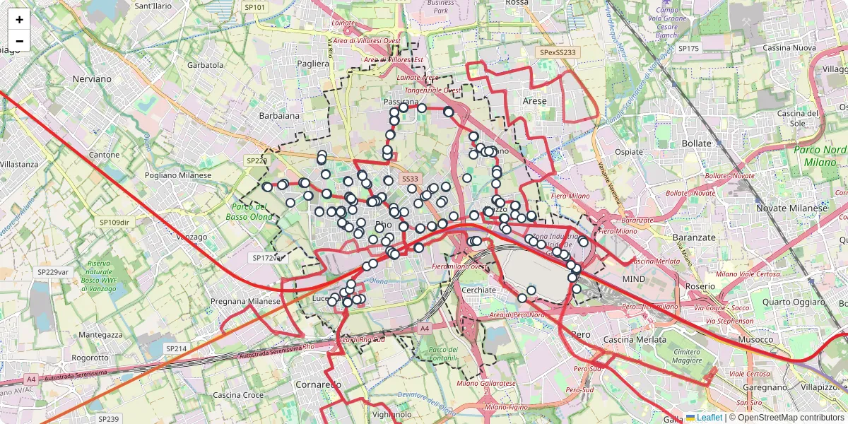 Mappa dettagliata del trasporto pubblico a Rho con linee autobus, tram e collegamenti