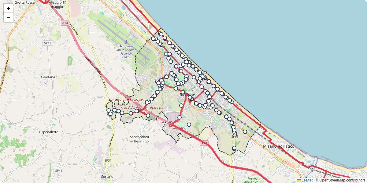 Mappa dettagliata del trasporto pubblico a Riccione con linee autobus, tram e collegamenti