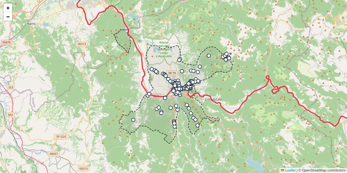 Mappa dettagliata del trasporto pubblico a Rieti con linee autobus, tram e collegamenti