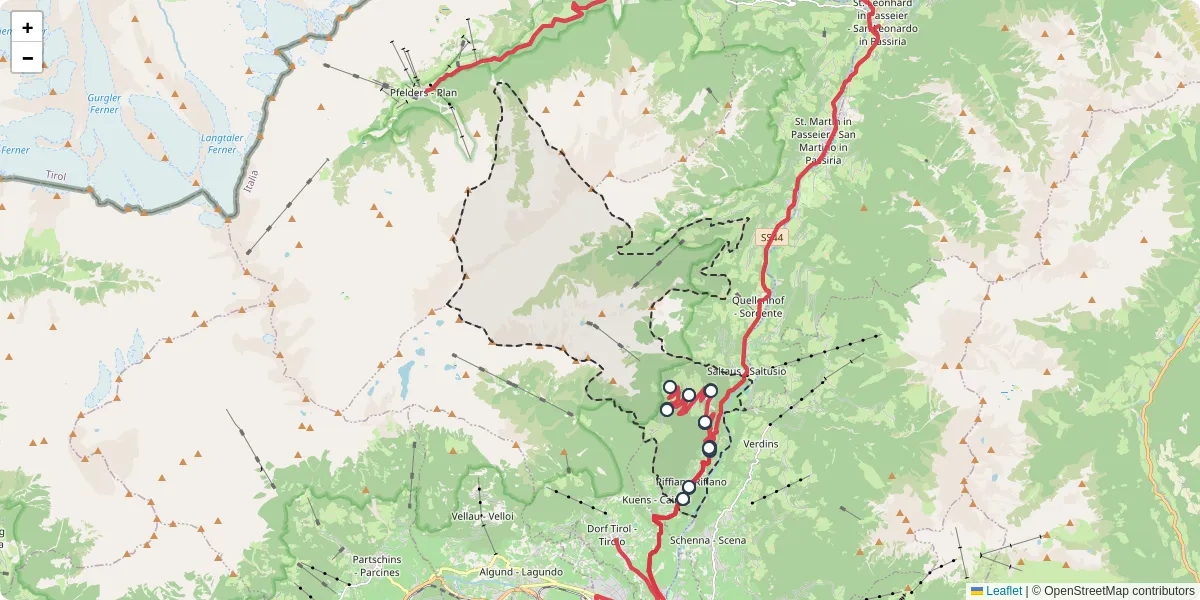 Mappa dettagliata del trasporto pubblico a Riffian - Rifiano con linee autobus, tram e collegamenti