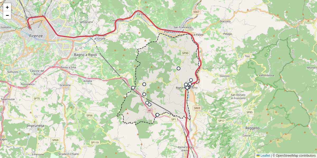 Mappa dettagliata del trasporto pubblico a Rignano sull'Arno con linee autobus, tram e collegamenti