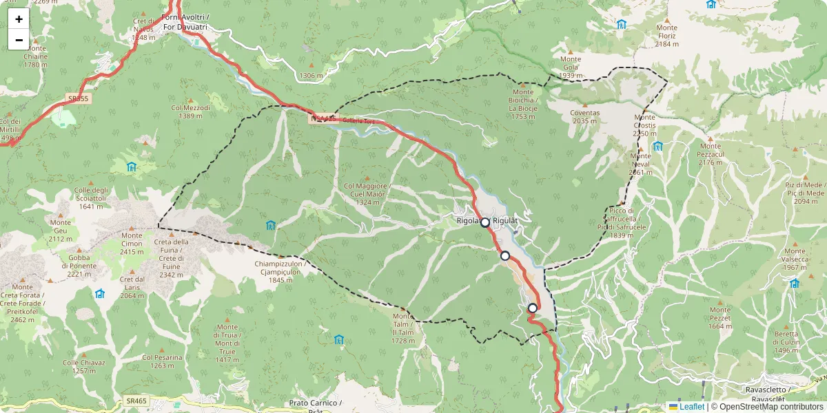 Mappa dettagliata del trasporto pubblico a Rigolato / Rigulât con linee autobus, tram e collegamenti