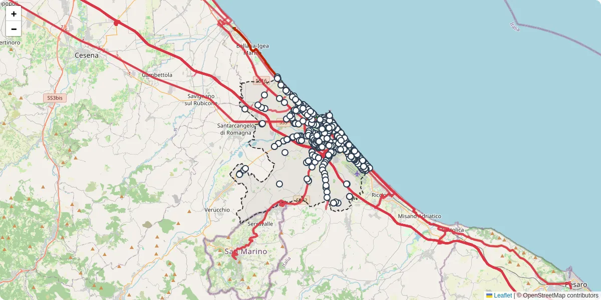 Mappa dettagliata del trasporto pubblico a Rimini con linee autobus, tram e collegamenti