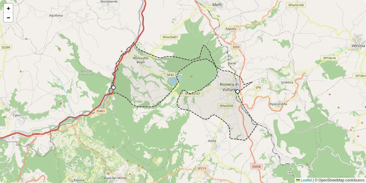 Mappa dettagliata del trasporto pubblico a Rionero in Vulture con linee autobus, tram e collegamenti