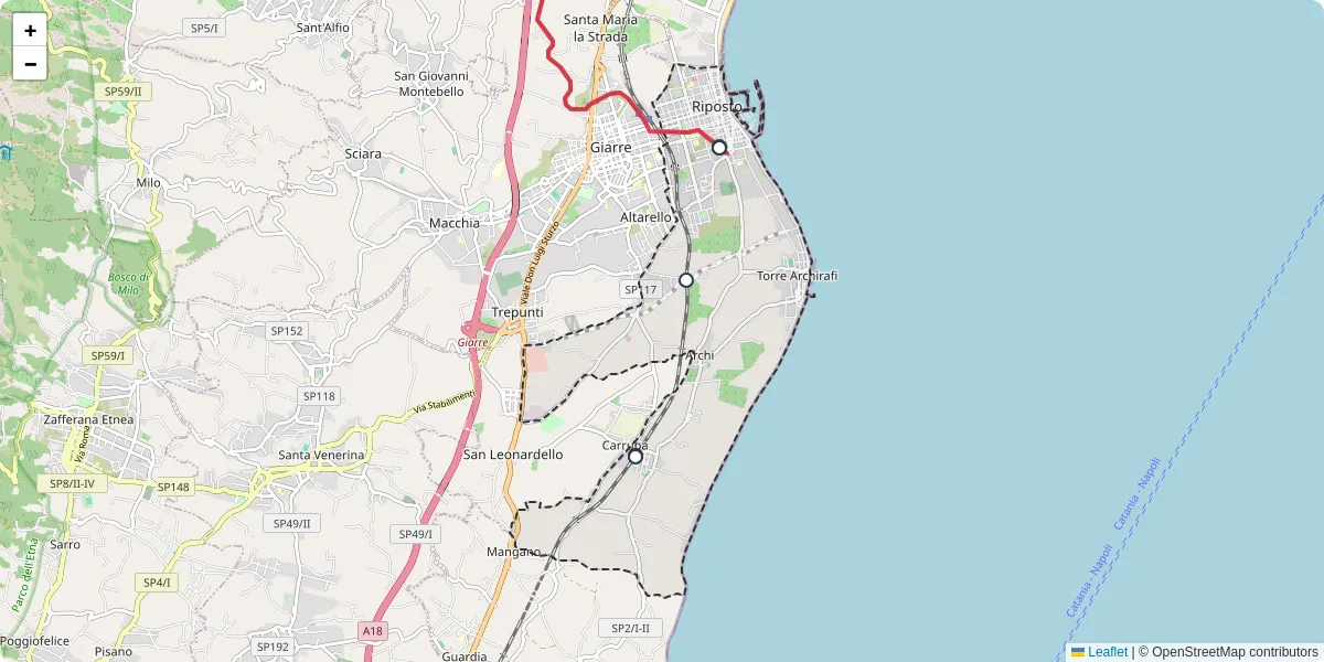 Mappa dettagliata del trasporto pubblico a Riposto con linee autobus, tram e collegamenti