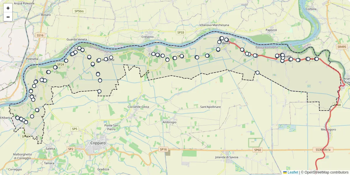 Mappa dettagliata del trasporto pubblico a Riva del Po con linee autobus, tram e collegamenti