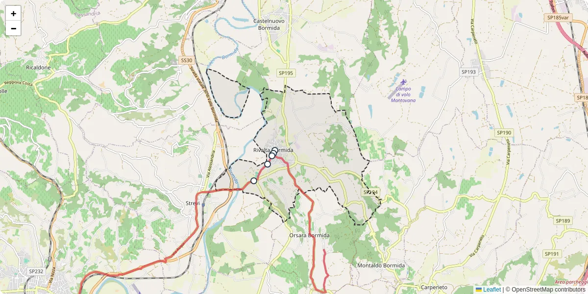 Mappa dettagliata del trasporto pubblico a Rivalta Bormida con linee autobus, tram e collegamenti