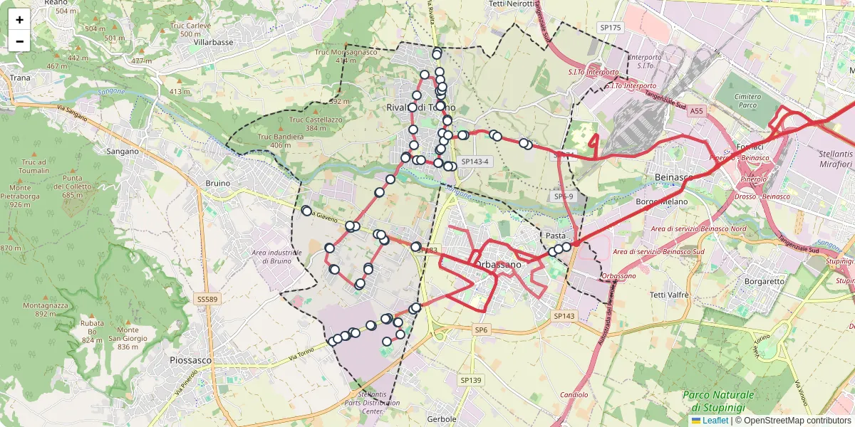 Mappa dettagliata del trasporto pubblico a Rivalta di Torino con linee autobus, tram e collegamenti