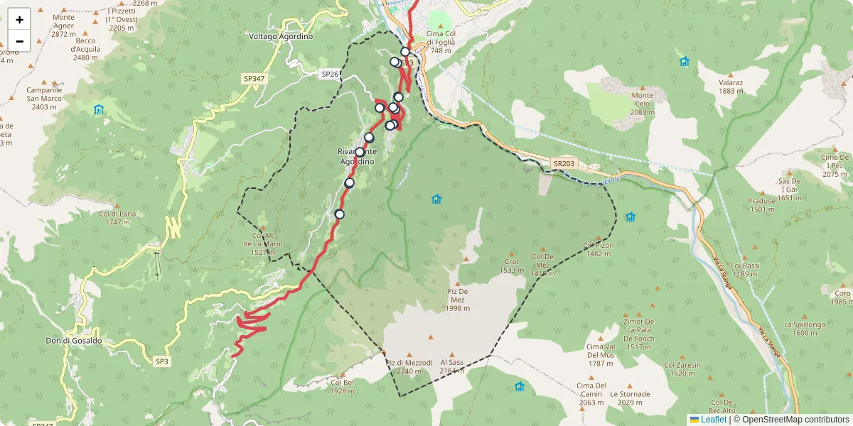 Mappa dettagliata del trasporto pubblico a Rivamonte Agordino con linee autobus, tram e collegamenti