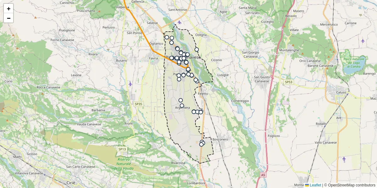 Mappa dettagliata del trasporto pubblico a Rivarolo Canavese con linee autobus, tram e collegamenti