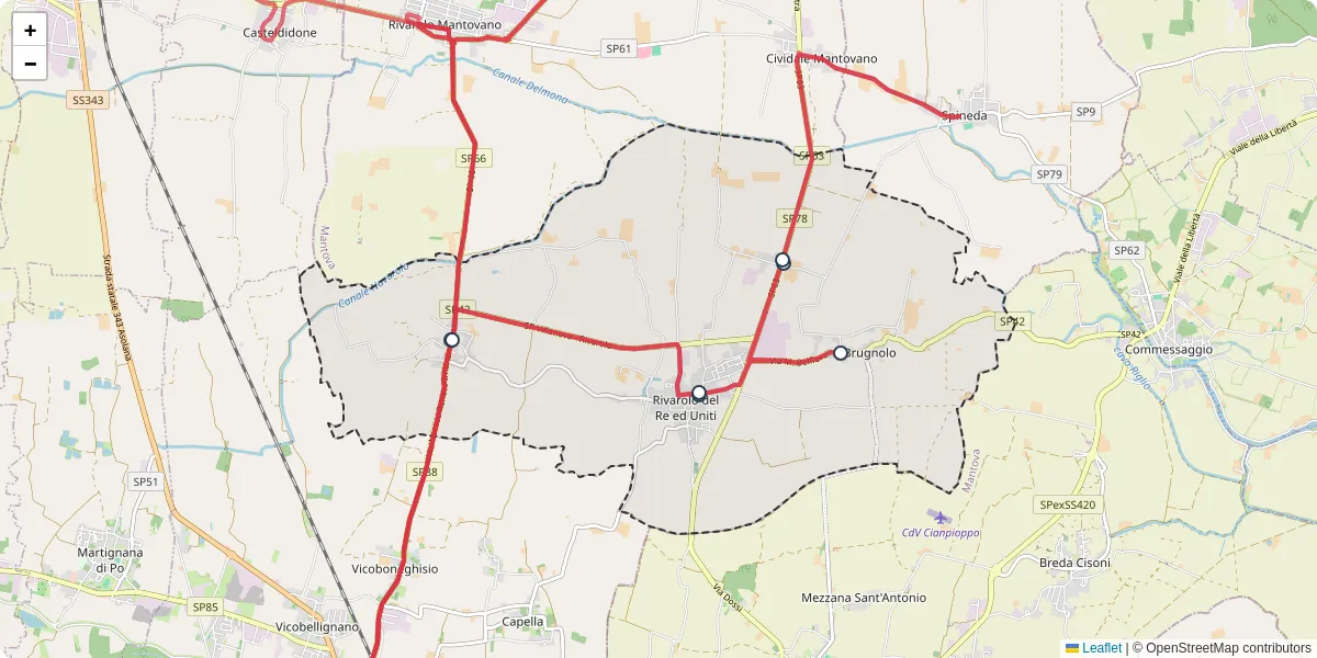 Mappa dettagliata del trasporto pubblico a Rivarolo del Re ed Uniti con linee autobus, tram e collegamenti