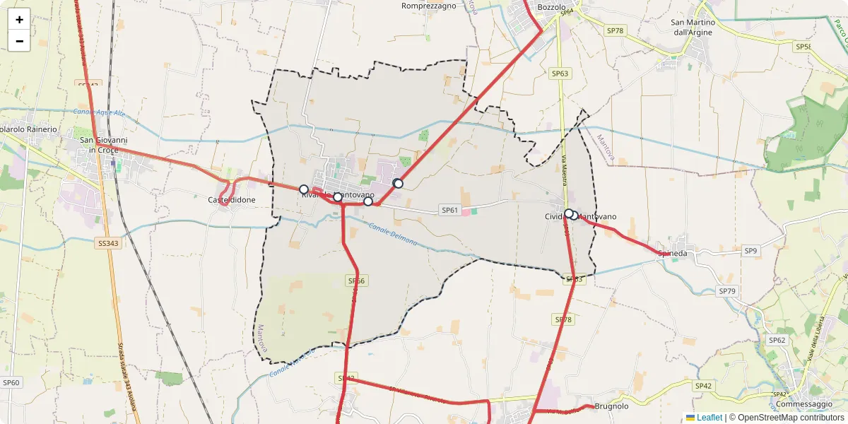 Mappa dettagliata del trasporto pubblico a Rivarolo Mantovano con linee autobus, tram e collegamenti