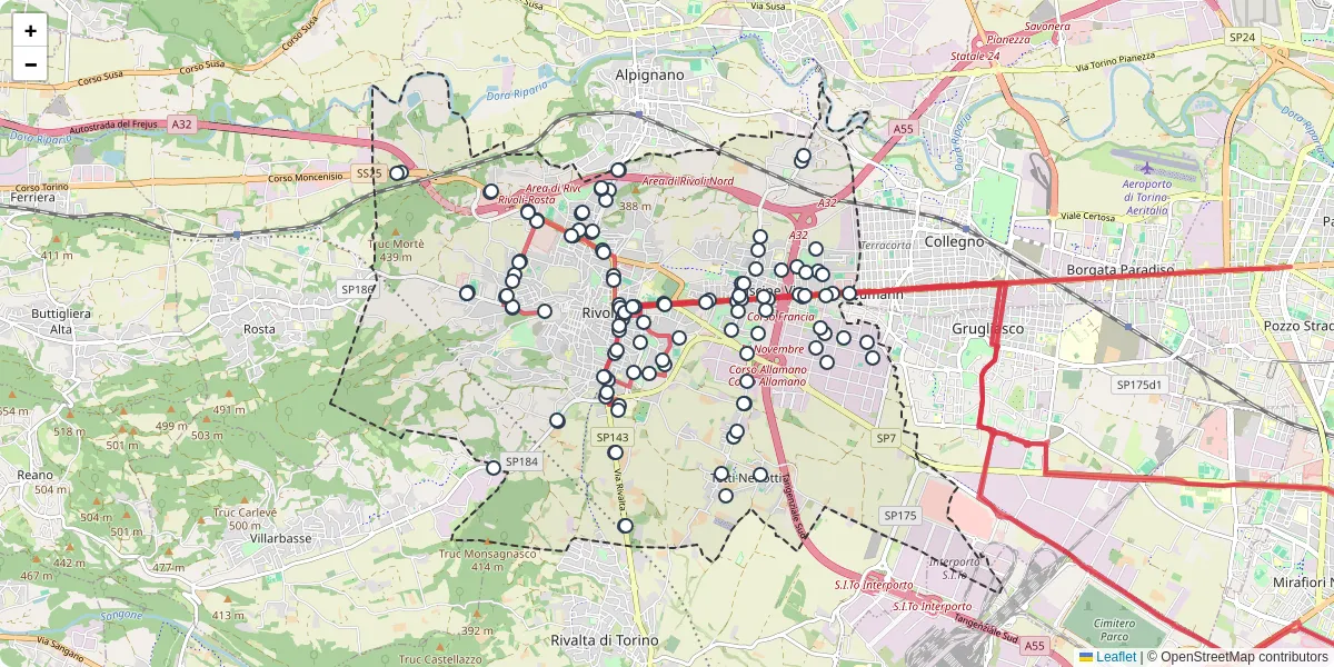 Mappa dettagliata del trasporto pubblico a Rivoli con linee autobus, tram e collegamenti