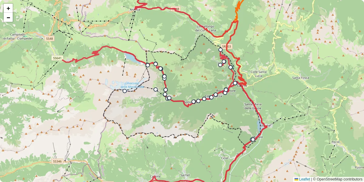 Mappa dettagliata del trasporto pubblico a Rocca Pietore con linee autobus, tram e collegamenti