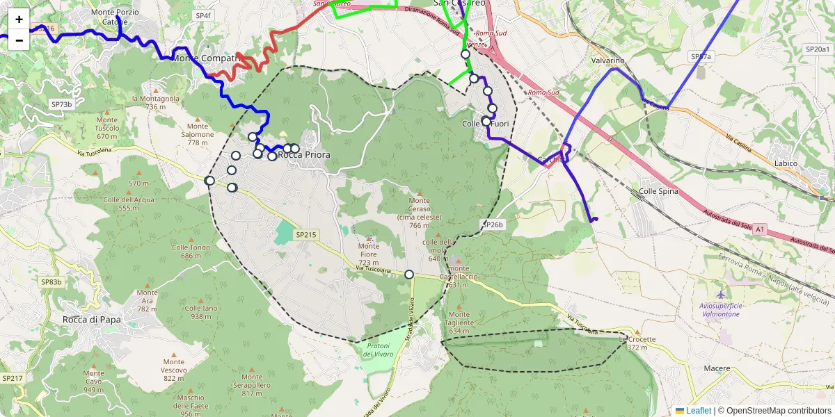 Mappa dettagliata del trasporto pubblico a Rocca Priora con linee autobus, tram e collegamenti