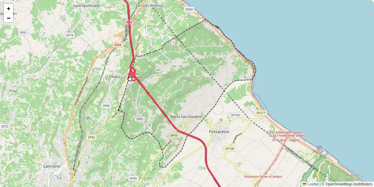 Mappa dettagliata del trasporto pubblico a Rocca San Giovanni con linee autobus, tram e collegamenti