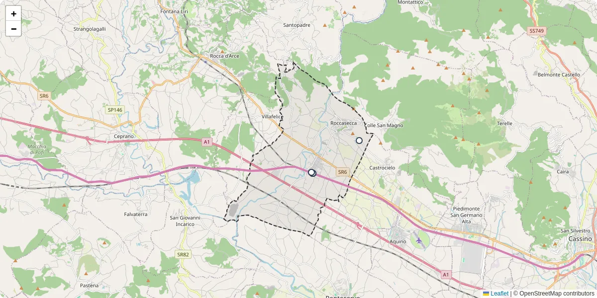 Mappa dettagliata del trasporto pubblico a Roccasecca con linee autobus, tram e collegamenti