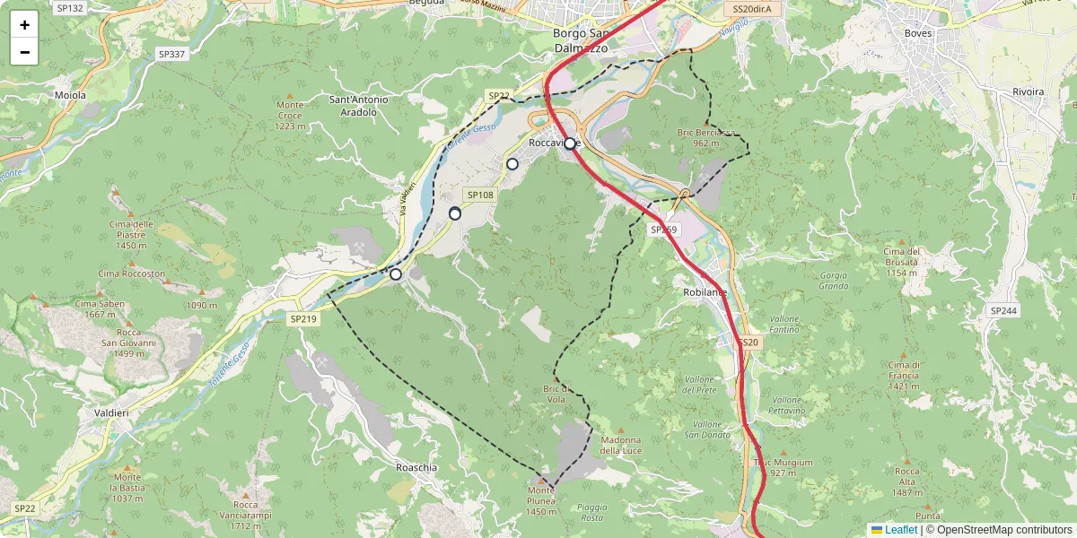 Mappa dettagliata del trasporto pubblico a Roccavione con linee autobus, tram e collegamenti